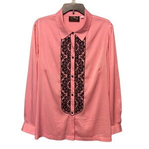 Bob Mackie L Women Vtg Pink Long Sleeve Button Down Mandala Black Stitch Western